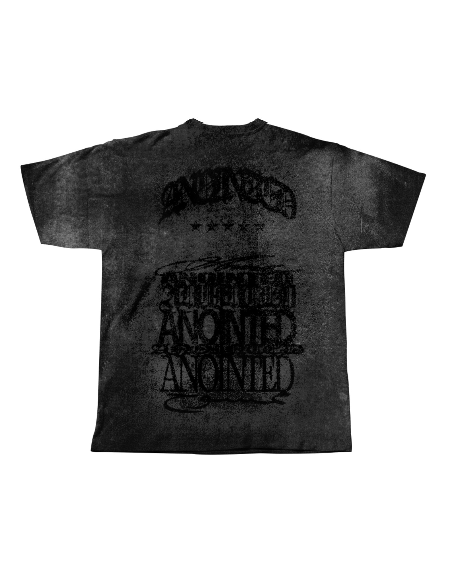 Black t-shirt with text design on a white background
