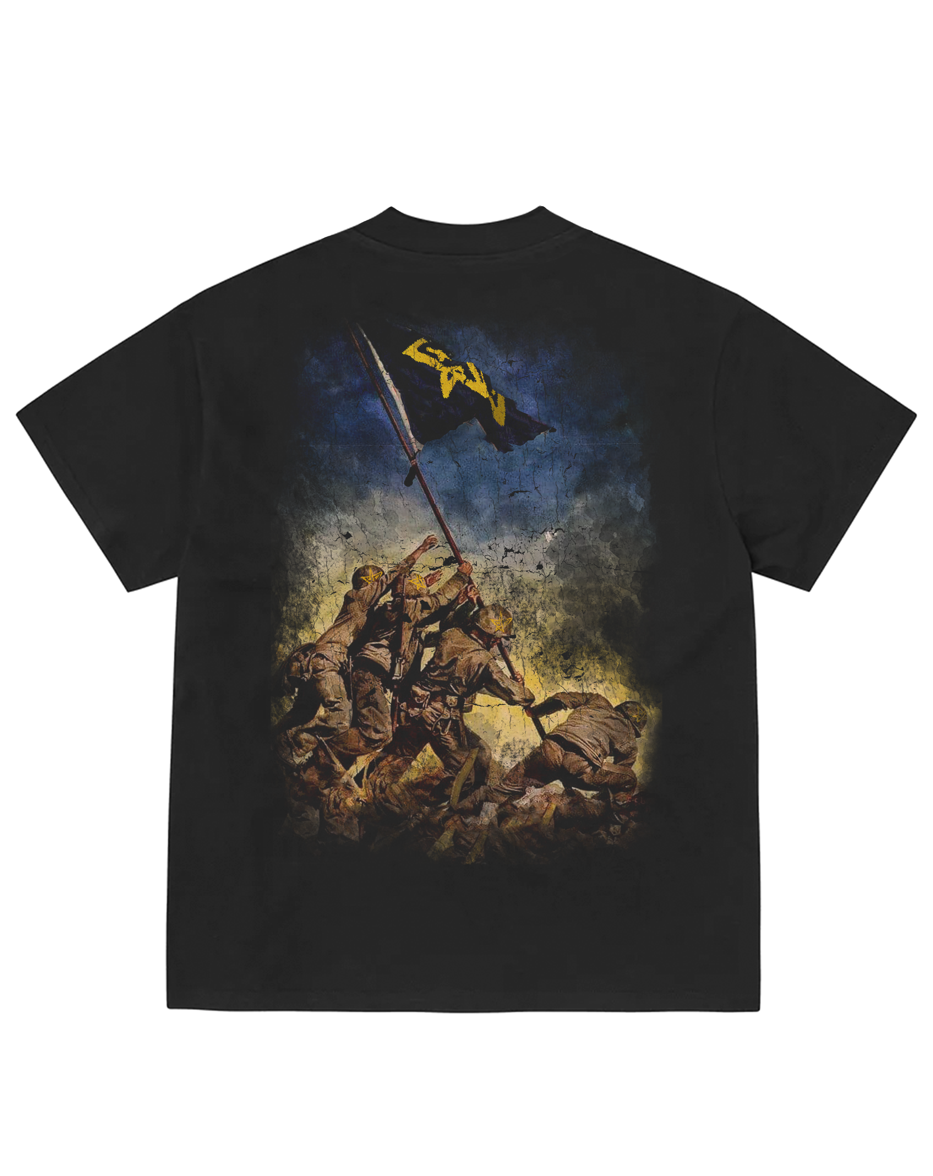 Black t-shirt with a graphic design of soldiers and a flag on a white background