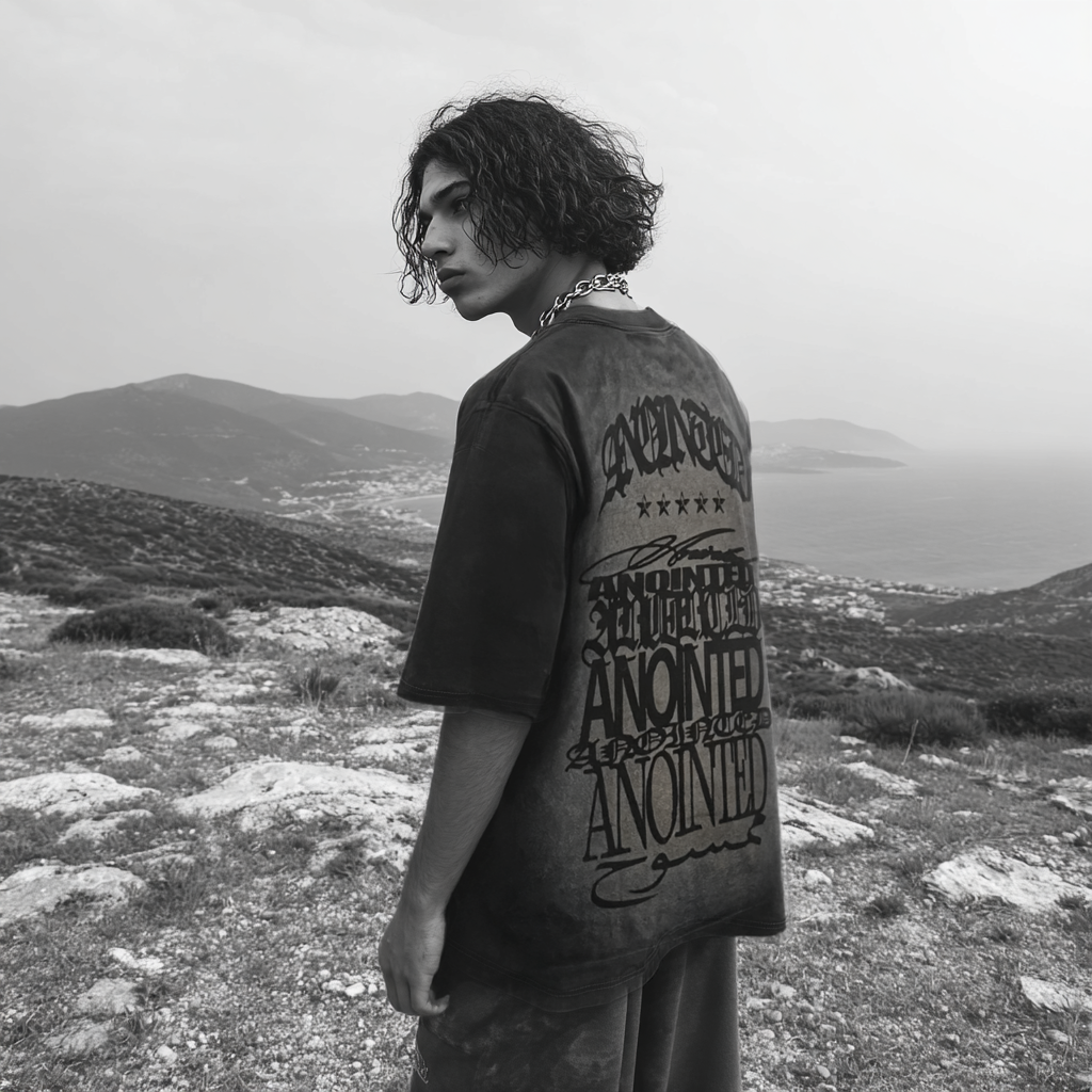 ANOINTED Wild West tee worn outdoors – side view